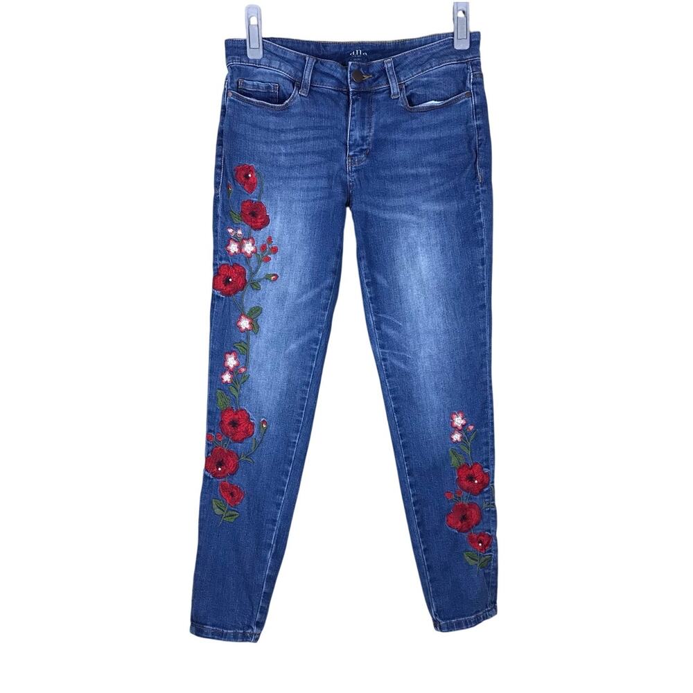 a.n.a Women's Skinny Jeans with Red Floral Embroidery - Blue Denim